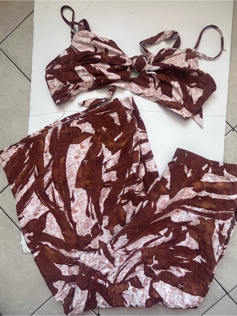 Aakaa Brown & Cream Abstract Print Wide-Leg Jumpsuit Set